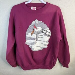 Vintage Snowy Winter Scene Bird Crewneck Sweatshirt Maroon Red Large